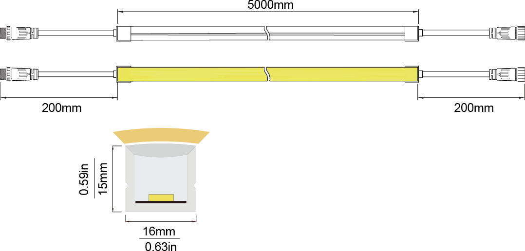 LED Neon Flex Top view-L：16×15 IP68 Solid Waterproof Technical Specifications