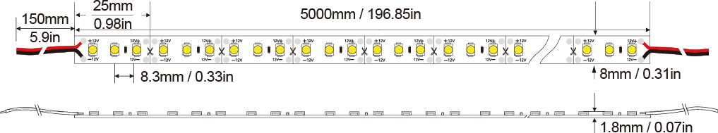 LED Strip light 3528-120D-8MM-12v IP20-IP65-IP66-IP67-IP68 Technical Specifications