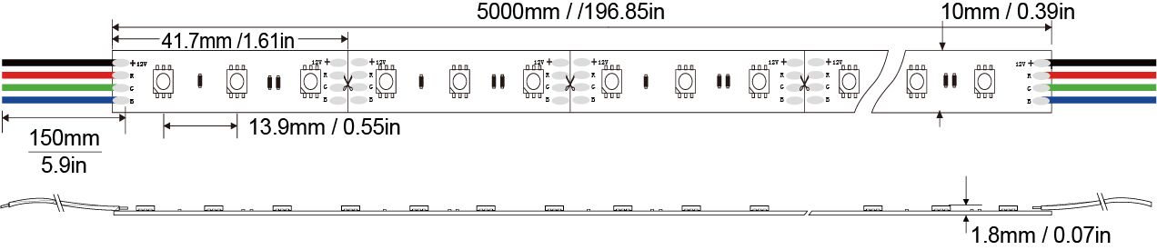 LED Strip light 5050RGB-72D-10MM-12V IP20-IP65-IP66-IP67-IP68 Technical Specifications