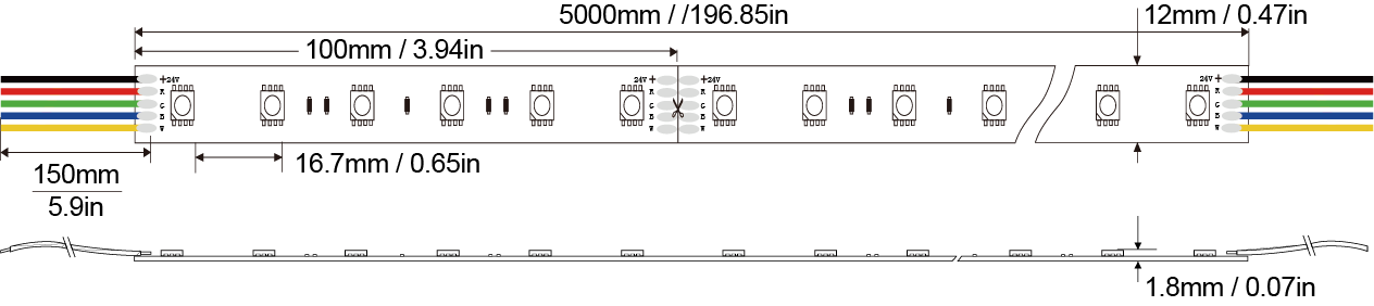 LED Strip light 5050RGBW-60D-12MM-24V IP20-IP65-IP66-IP67-IP68 Technical Specifications