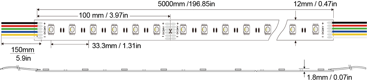 LED Strip light 5050WRGBW-60D-12MM-24V IP20-IP65-IP66-IP67-IP68 Technical Specifications
