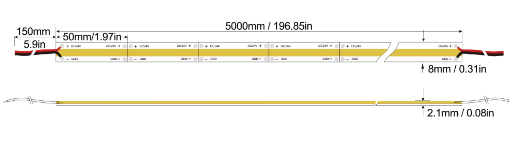 Single Color COB Series: COB-480D-8MM-24V IP20-IP65-IP67-IP68 Technical Specifications