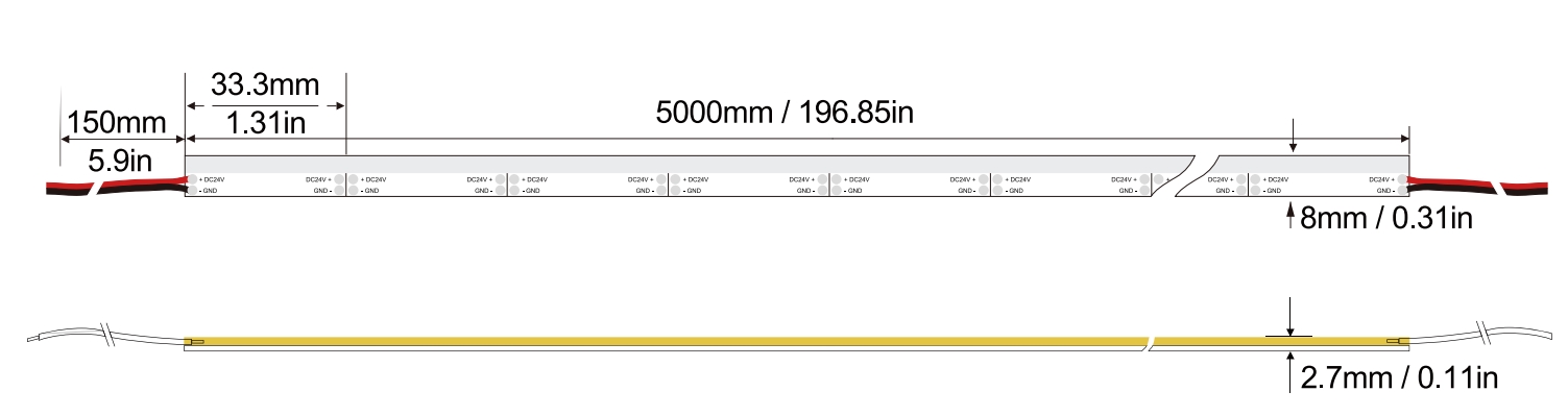 侧发光系列 ：COB-480D-8MM-24V Technical Specifications
